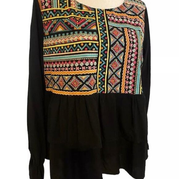 Savanna Jane Womens Boho Embroidered Peasant Blouse Black/Multi-Colored bohemian - Picture 7 of 7